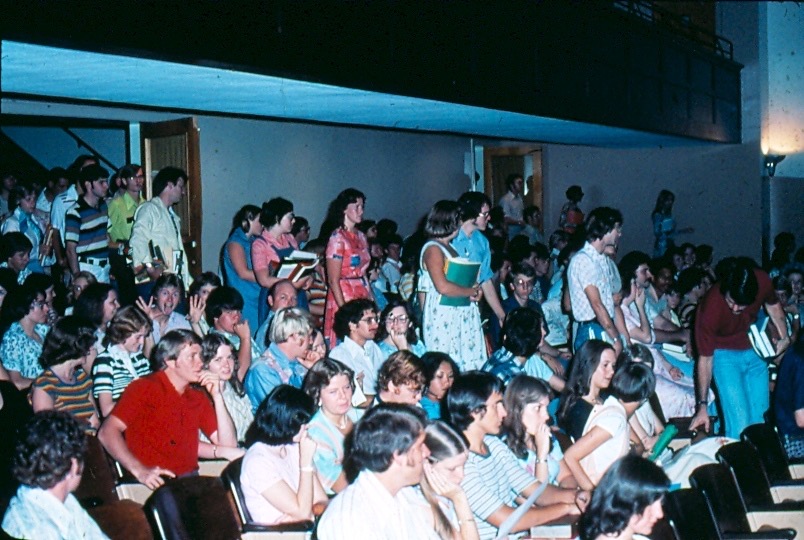 Photo of students attending chapel in the Administration Auditorium.