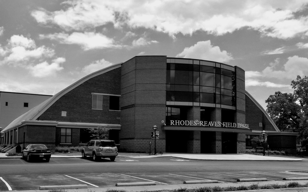 Photo of the Rhodes Reaves Field House in 2021.